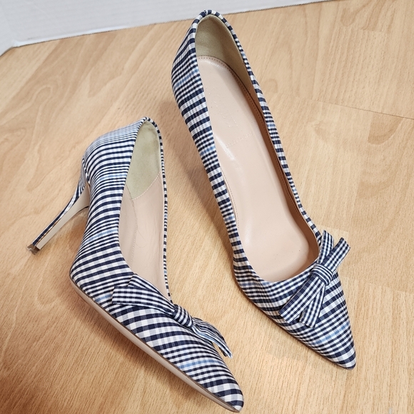 J. Crew Blue White Plaid Bow Pump Pointed Toe Heels Size 9.5 - Picture 1 of 16